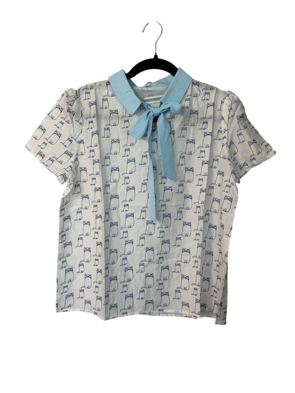 Tulip B Women’s Short Sleeve White & Blue Tie Neck Cat Design Blouse Sz S NWT